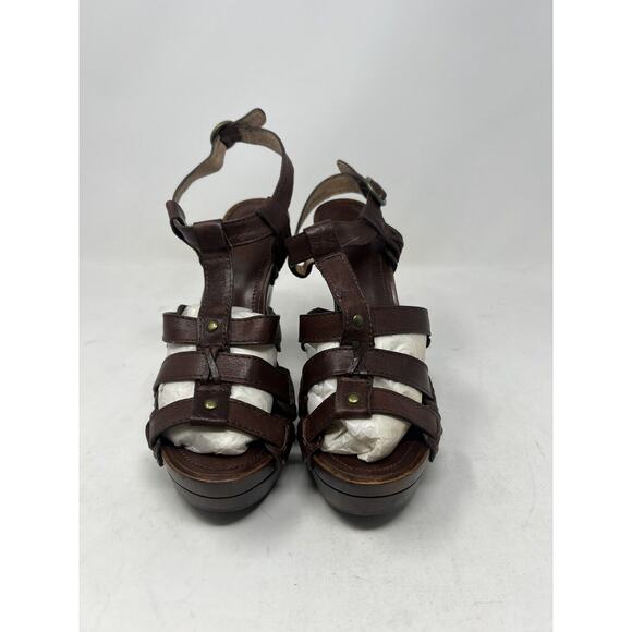 FRYE Brown Leather Dara T Strap Sandals Wooden Heels Sz 8.5 M Ankle Strap Boho - Picture 3 of 9